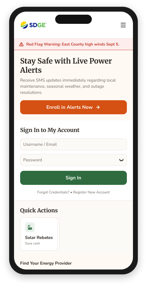 SDG&E mobile homepage redesign